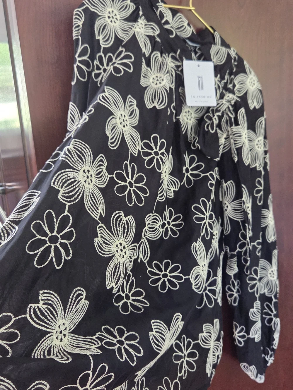 Black Floral Tie-Neck Blouse with Ivory Outline